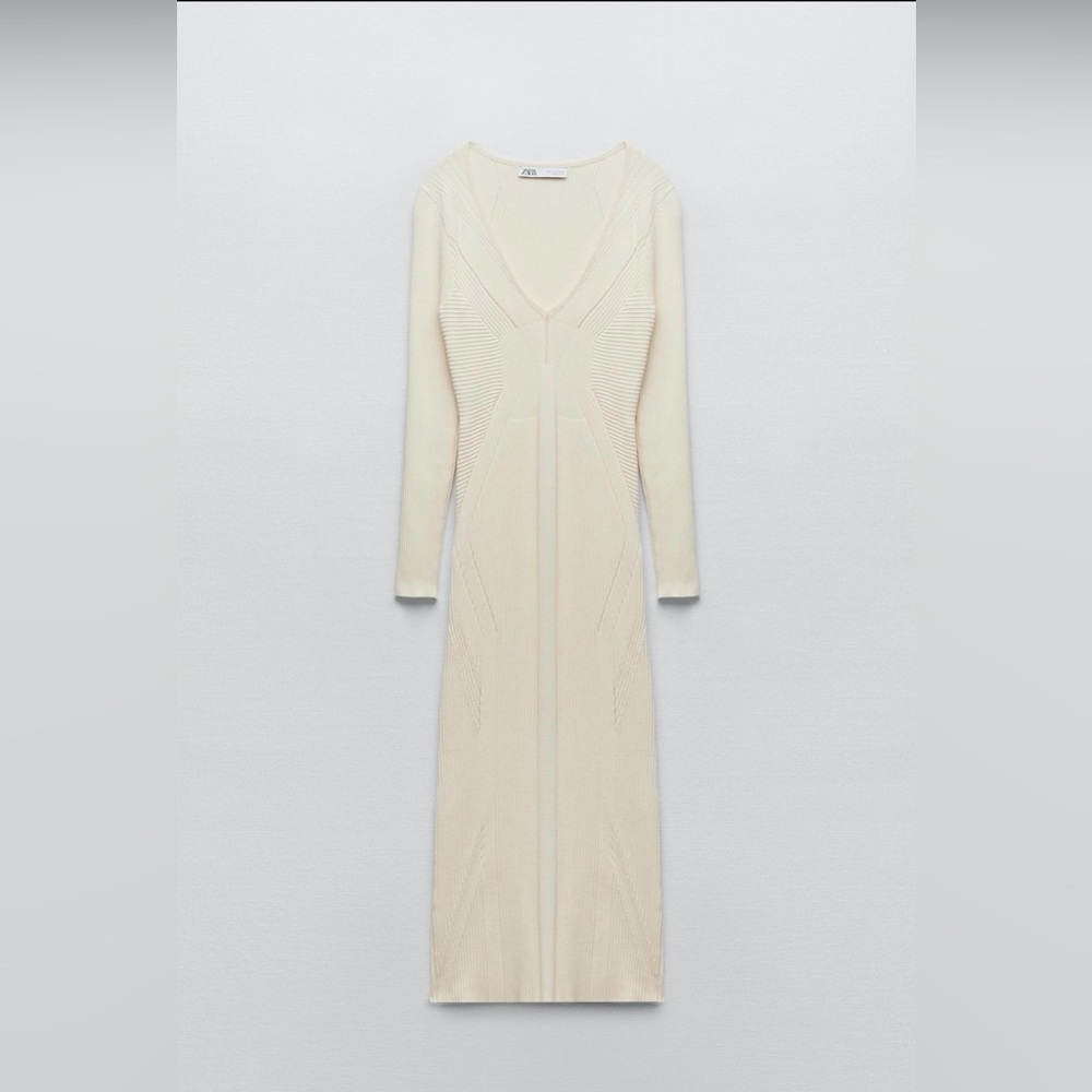 Zara Cream Long-Sleeve V-Neck Knit Midi Dress